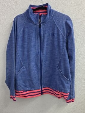 The North Face Denim Blue Stretch Full Zip Athletic Jacket XL Pink Striped Trim